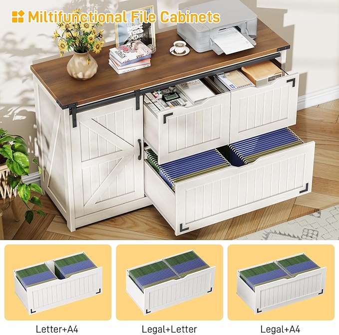 47.8” Farmhouse Lateral File Cabinet with Sliding Barn Door, 3 Drawers Filing Storage Cabinets with Adjustable Shelf, Office Printer Stand for Hanging Files Letter/Legal/F4/A4.