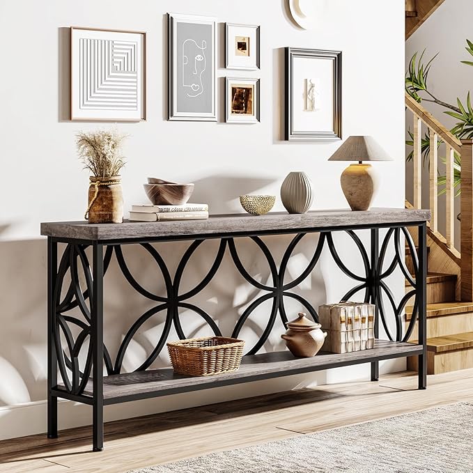 Tribesigns 70.9-Inch Narrow Sofa Table, Industrial Long Sofa Table Behind Couch, Entry Console Table with Storage for Entryway, Living Room, Foyer, Unique Design, Vintage Grey