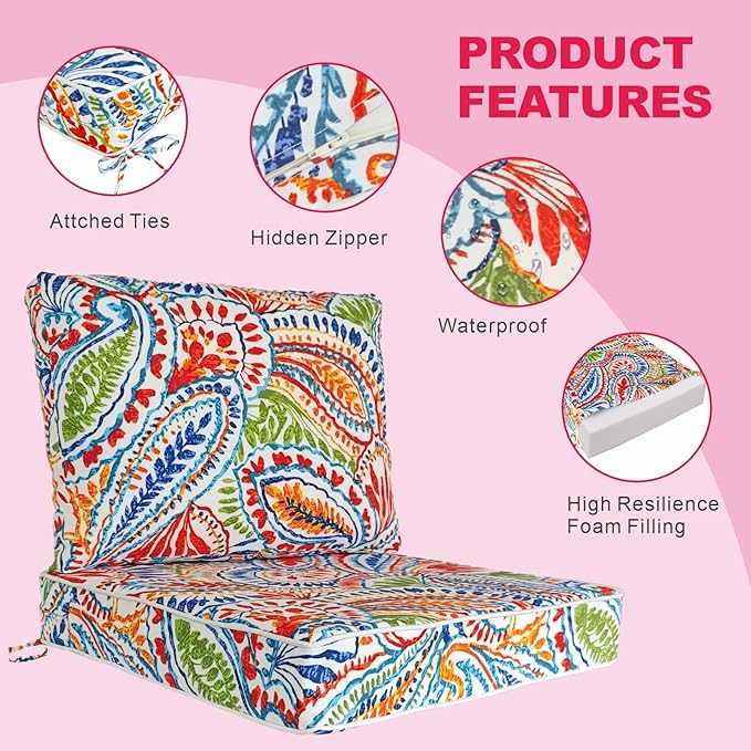 JMGBird Outdoor Cushion Tufted Pillow, Deep Seat Outdoor Chair Cushion Set 22"x22" Patio Cushions for Outdoor Furniture