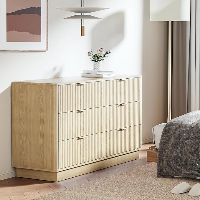 Fluted 6 Drawer Dresser for Bedroom, Mid Century Modern Wide Wood Dressers with Round Edge Design, Shallow Dresser Chest, Chests of Drawers for Bedroom, Living Room, Natural Oak