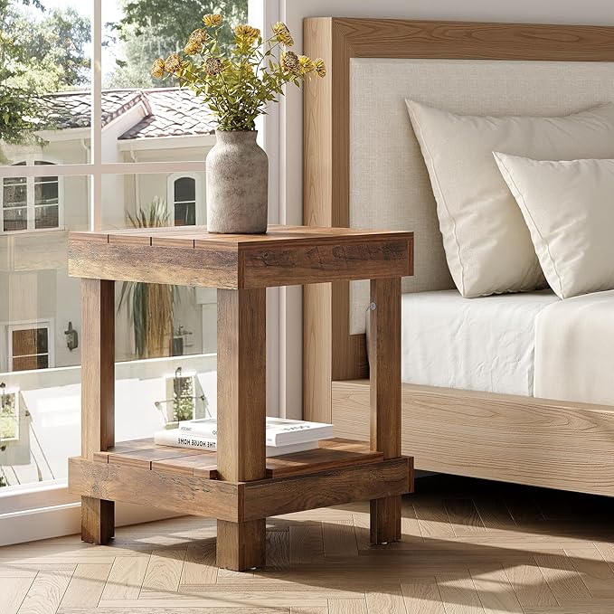 LITTLE TREE 2-Tier End Table, All Wooden Square Side Table with 2 Storage Shelves, Farmhouse Chairside Table Side End Table for Living Room, Small Bedside Table Nightstand for Bedroom, Natural Color