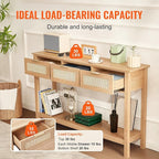 VEVOR Rattan Console Table, Entryway Table with 3 Storage Drawers, Hallway Table with Natural Rattan Sliding Door, Console Sofa Table for Living Room, Study, Entryway Or TV Wall, Natural