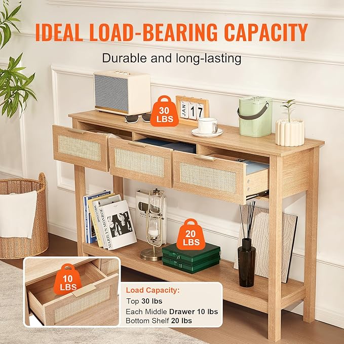 VEVOR Rattan Console Table, Entryway Table with 3 Storage Drawers, Hallway Table with Natural Rattan Sliding Door, Console Sofa Table for Living Room, Study, Entryway Or TV Wall, Natural