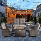 HUMMUH 5-Piece Patio Furniture Set with Fire Pit,Wicker Patio Glider Loveseat Outdoor Swivel Rocker Chairs for Backyard,Poolside,Deck
