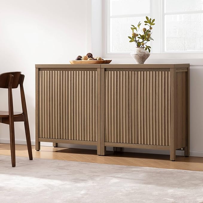 SICOTAS Sideboard Buffet Cabinet with Storage, Fluted Credenza Console Cabinet with Adjustable Shelves, Farmhouse Coffee Bar Storage Cabinets for Kitchen, Living Room, Entryway, Caramel Oak, 3 PCS