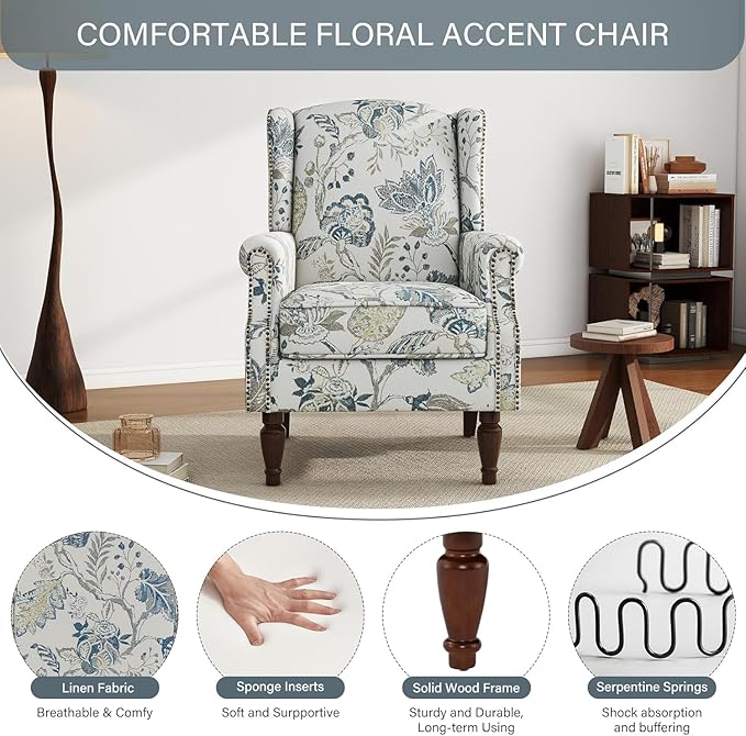 UIXE High Back Floral Accent Chair, Fabric Upholstered Armchair Wingback Chair for Living Room, Nailhead Trim Single Sofa Bedroom Side Reading Seat - Plants Blue