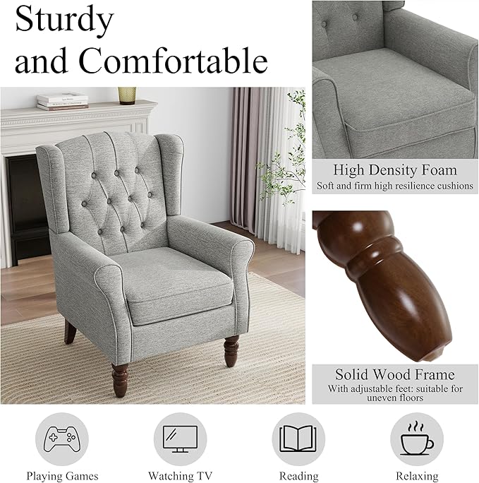 Pia Ricco High Back Floral Accent Chair - Retro Wingback Upholstered Armchair with Nailhead Trim, Solid Wood Legs, Fabric Living Room Bedroom Reading Chair (Light Gray)