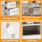 Hutch Storage Buffet Cabinet with Drawers, and Charging Station, Coffee Bar Cabinet with Barn Doors, Wine Rack and Hooks, White Wood Sideboard Buffet for Kitchen, Dining Room, 54.5" High