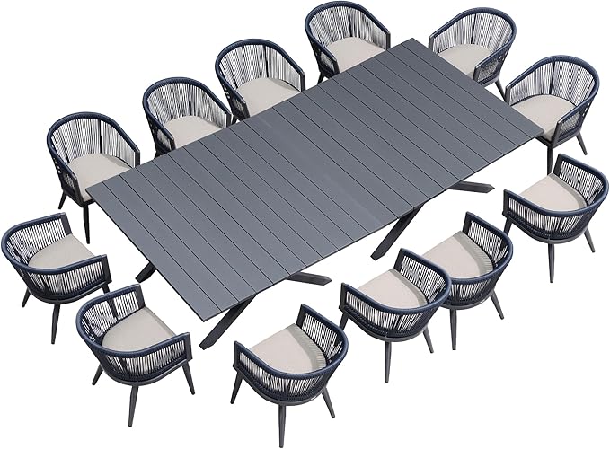 PURPLE LEAF Outdoor Dining Set for 12 All-Weather 14 Pieces Patio Aluminium Dining Large Table and Rope Weave Chairs Included Cushions for Backyard Deck Kitchen Modern Furniture Set Gray and Navy