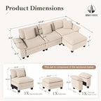 HERA'S HOUSE 124" Modular Sectional Sofa, Oversized L Shaped Couches for Living Room, Comfy Cloud Couch with Ottoman, 4-Seater Deep Seat Sofa with Throw Pillow, Corduroy Beige