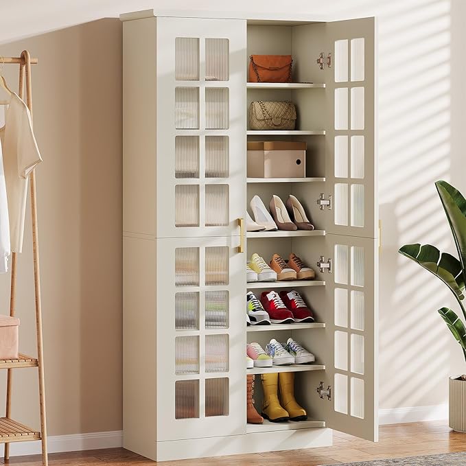 Tribesigns 70-Inch Tall Shoe Cabinet with Doors, 8-Tier Shoe Storage with Adjustable Shelves, Modern Shoe Organizer Shoe Rack Cabinet for Entryway, Hallway, Closet, Living Room, White and Gold