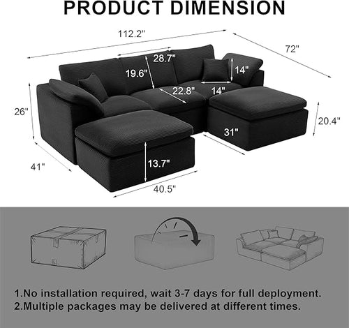 112" Cloud Sectional Couch, Boneless Couches for Living Room, U Shaped Couch with Convertible Ottoman, Modular Sectional Sofa with Deep Seat, Comfy Soft Cushions, No Assembly, Black