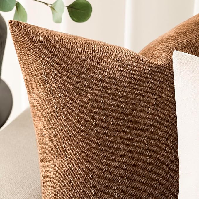 Foindtower Pack of 2 Soft Textured Throw Decorative Pillow Covers Square Accent Solid Cushion Cover Cozy Farmhouse Pillow Case with Zippe for Couch Sofa Bed Living Room 18x18 Inch, Bronze