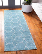 Unique Loom Trellis Frieze Collection Area Rug - Geometric (2' x 8' 8" Runner, Light Blue/ Ivory)