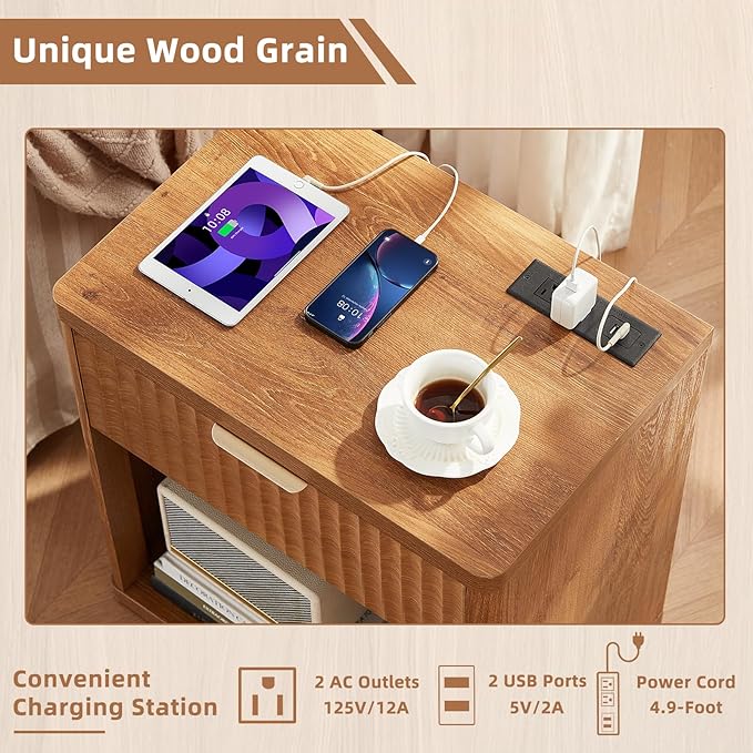 LEYAOYAO Fluted Farmhouse Nightstand Set of 2 with Charging Station, 23" Wide 1 Drawers End Table,Brown Dresser for Bedroom,Bed Side Table Chest of Drawers Cabinet,Wood Night Stand for Living Room