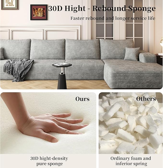 135.4" Large Cloud Modular Sectional Sofa with L-Shape Chaise, Deep Seat Upholstered Couches for Living Room, No Assembly Required, Corduroy Pet-Friendly Fabric (Grey, Right Facing Chaise)