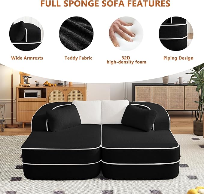 77.2" Oversized Double Lounge Chaise, Boneless Lounge Sofa Bed, Cloud Loveseat Sleeper Couch for Indoor Living Room, No Assembly Required, Teddy Fabric,Black