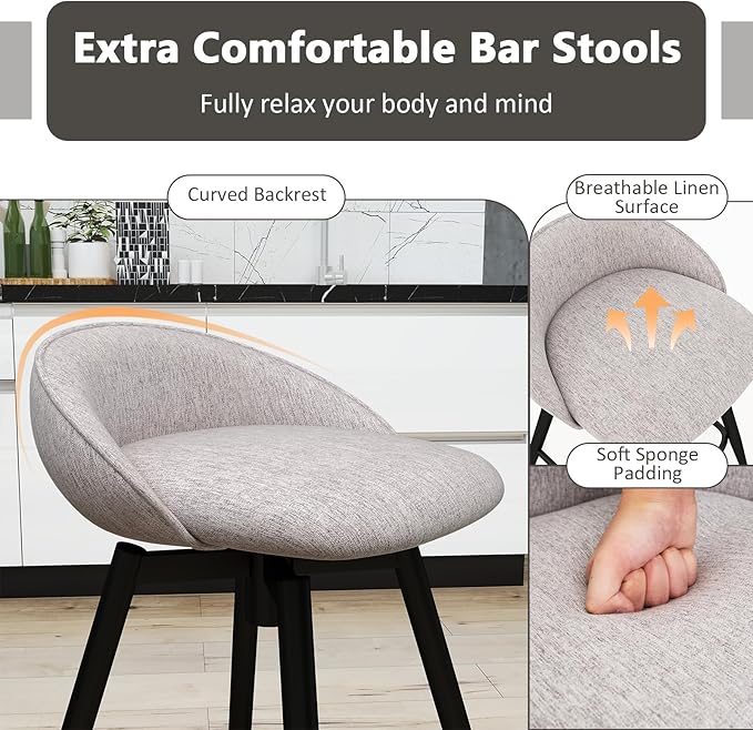 COSTWAY Bar Stools Set of 4, 25" Upholstered Counter Height 360° Swivel Bar Stools w/Backrest & Footrest, Heavy-Duty Metal Frame Armless Breakfast Chairs for Kitchen, Living Room (Set of 4,Grey)