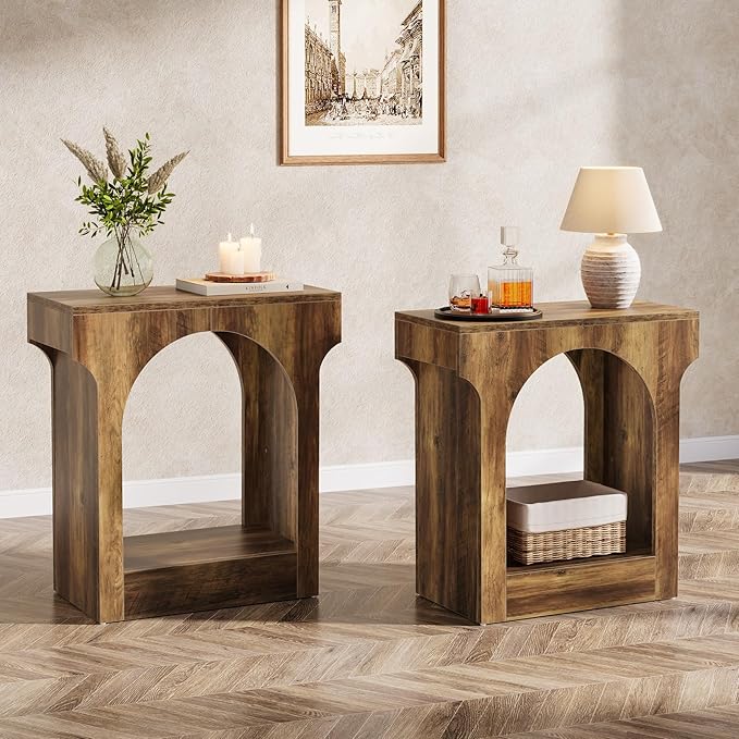 Tribesigns Wood End Table Set of 2, Side Table with Storage Space for Living Room, Narrow Nightstand for Bedroom, Rustic Brown
