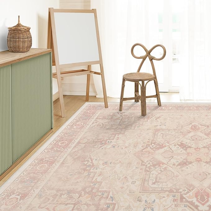 RUGGABLE Washable Area Rug – Kamran Soft Pink 10x14, Stain-Resistant, Non-Slip – Large Machine Washable Rugs for Living Room, Bedroom, Hallway, Entryway & Office–with Standard Pad