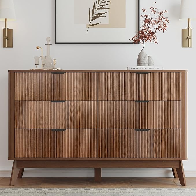 Fluted Dresser for Bedroom,49.6'' Modern Wooden Walnut Dresser with 6 Drawers, Bedroom Dressers, Natural Wood Chest of Drawers for Living Room, Hallway (Walnut)