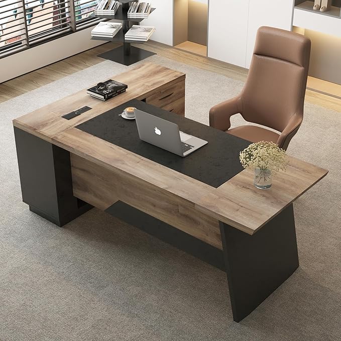 L Shape Executive Desk, Large Office Desk with Drawers & Shelves, 78.74 Inches Industrial Wooden Desk with Storage, Modern Computer Desk for Home Office, Black and Brown, Left Side
