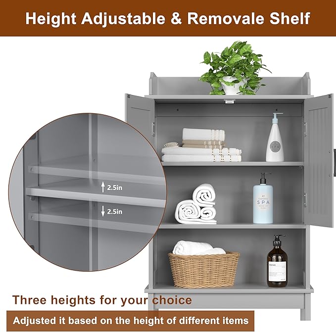 Over-The-Toilet Storage Shelf with Doors, Bathroom Freestanding Organizer Space Saver with Adjustable Shelf, Gray