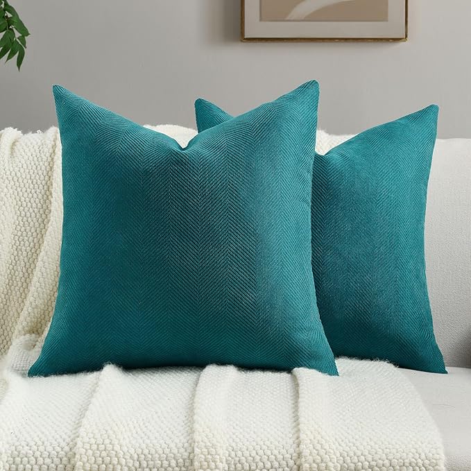 FUTEI Teal Chenille Throw Pillow Covers 20x20 Inch Set of 2,Soft Wide Chevron Textured Cushion Case,Farmhouse Home Decor for Couch Bed Living Room