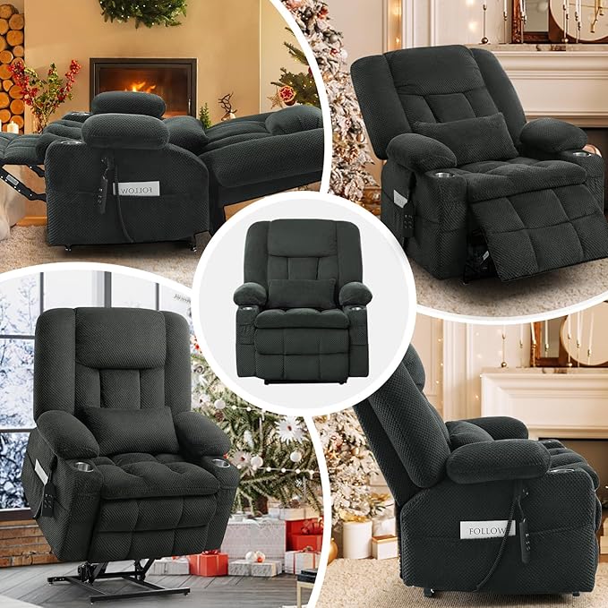 ABCASA Oversized Dual Motor Lay Flat Power Lift Recliner Chair, Massage Recliner Chairs with Heat, Lumbar Pillow, USB & Type-C Ports, Oversized Recliner for Big & Elderly People for Living Room - Grey