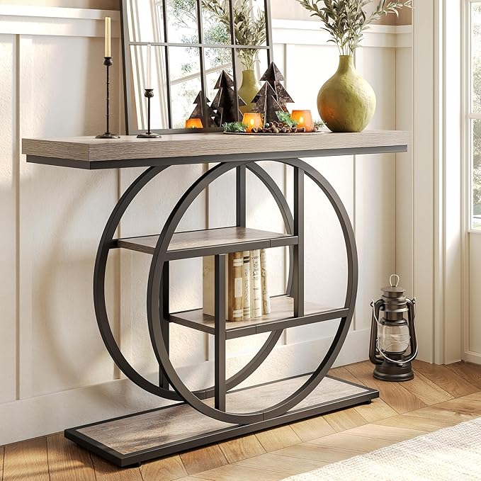 Little Tree Console Table, 4-Tier Entryway Table Behind Couch Table, 41.3-Inch Farmhouse Sofa Table for Living Room, Foyer Hallway Table for Entrance, Grey and Black