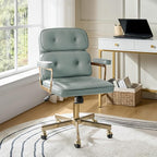 HULALA HOME Faux Leather Office Desk Chair with Golden Metal Legs, Comfy Upholstered Computer Chair with Tufted Backrest & Thick-Cushion Padded Armrest, Height Adjustable and 360°Swivel, Sage