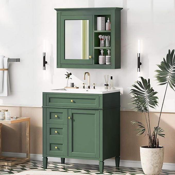 30" Bathroom Vanity with Matching Medicine Cabinet, Modern Sink Storage Cabinet with Drawers, Soft Closing Doors and Shelf, Bathroom Vanities with Sink & Mirror