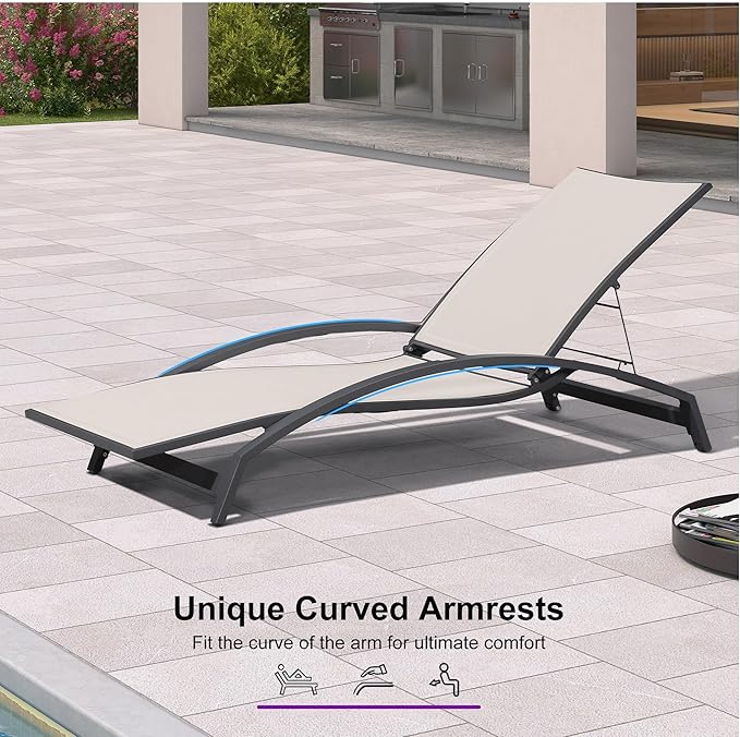 PURPLE LEAF Patio Chaise Lounge Chair Set of 2 Outdoor Lounge Chair with Arm All Weather Adjustable Lounger for Beach Pool Lawn Garden Sunbathing Recliner Beige