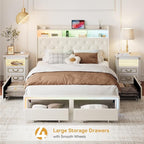 Full LED Bed Frame with Storage Headboard & Charging Station, Velvet Fabric Platform Bed Frames with 4 Drawers, Button Tufted Upholstered, No Box Spring Needed, Beige