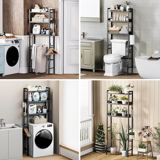 Over The Toilet Storage, 3-Tier Metal Over Toilet Bathroom Organizer Shelf with Adjustable Shelf with Toilet Paper Holder & Hooks Black