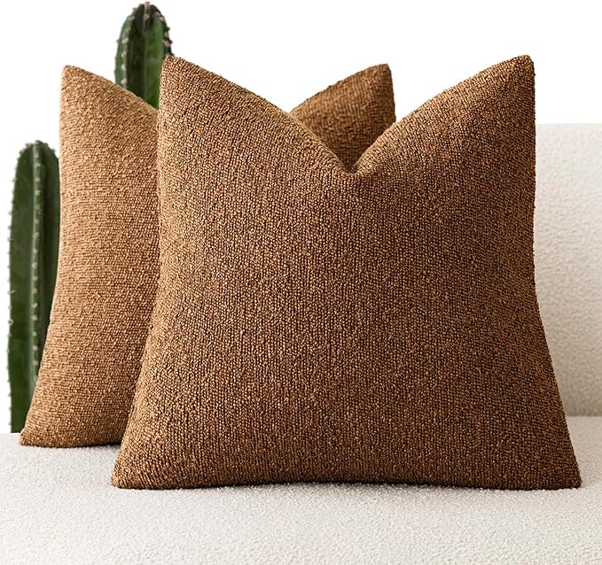 Foindtower Set of 2, Decorative Textured Boucle Throw Pillow Covers Accent Solid Pillow Cases Neutral Soft Cozy Couch Cushion Case for Chair Sofa Bedroom Living Room Home Decor 26x26 Inch Hazel Brown