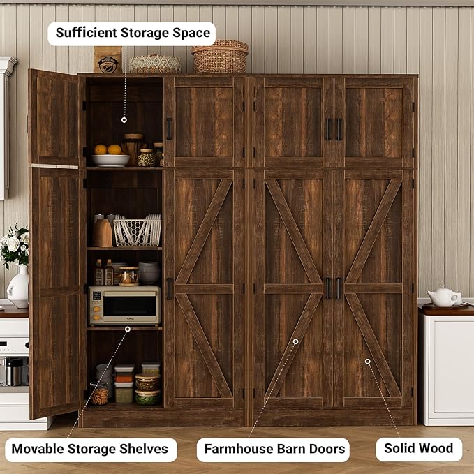 Unikito 71” Tall Storage Cabinet, Farmhouse Kitchen Pantry Cabinet with Adjustable Shelves and Barn Doors, Versatile Storage Cupboard for Dinning Room, Bathroom, Living Room, Weathered Brown, 2 Pack