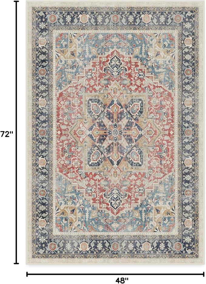 RUGGABLE Washable Vintage Area Rug – Kamran Cayenne Red 4x6, Stain-Resistant, Non-Slip – Medium Machine Washable Rugs for Living Room, Bedroom, Hallway, Entryway & Office–with Cushioned Pad