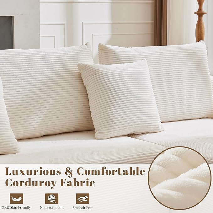 106" Cloud Sectional Couch, Modular Sectional Sofa with L-Shape Chaise, Corduroy Boneless Couch with Deep Seat, Upholstered Sofa for Living Room, No Assembly Required(Right-Facing Chaise, White)