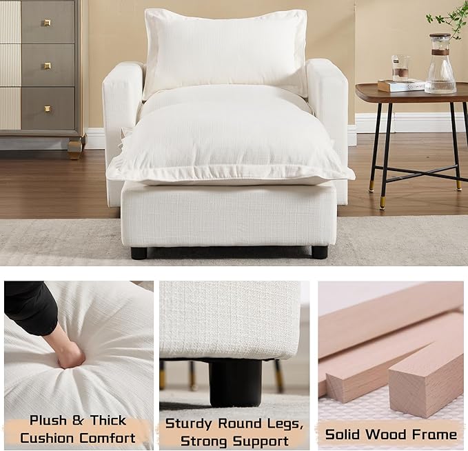 chairus 97" Modular Sectional Sofa with Moveable Ottoman Upholstered Deep Seat Linen Couch Set with Soft Pillows L Shaped Sofa Couch for Living Room, Apartment, Reception Room, 3-Seater/White