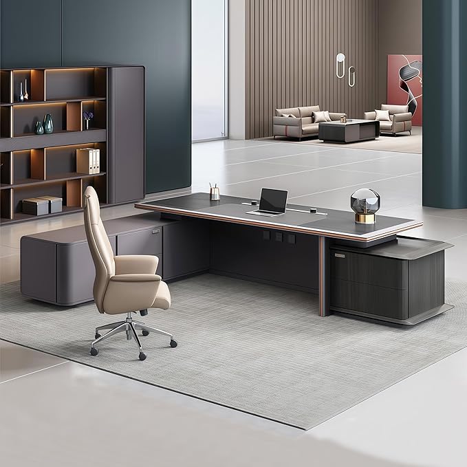 Modern Executive Desk, 102.4 inch L Shaped Desk with Storage, L Shape Corner Desk Drawers and Lockable Storage No Installation Required Without Display Racks and Bookshelves