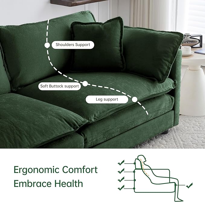 Modular Sectional Sofa, 111.5 Inch L-Shaped Cloud Sofa with Deep Seat Chenille Sofa with Cushions, Three-Self Sectional Sofa for Living Room Apartment,Evergreen
