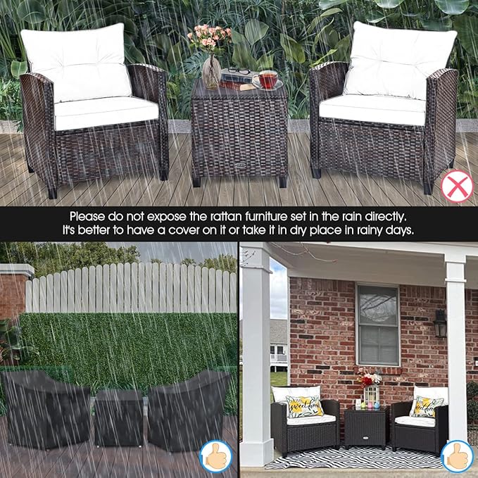 Tangkula 3 Pieces Patio Furniture Set, PE Rattan Wicker 3 Pcs Outdoor Sofa Set w/Washable Cushion and Tempered Glass Tabletop, Conversation Furniture for Garden Poolside Balcony (Blue)