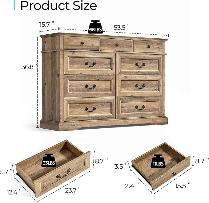 LINSY HOME 9 Drawers Dresser for Bedroom, Wide Wood Chest of Drawers with Metal Handle, Farmhouse Tall Drawer Organizer for Bedroom, Closet, Living Room, Hallway and Entryway, Rustic Oak
