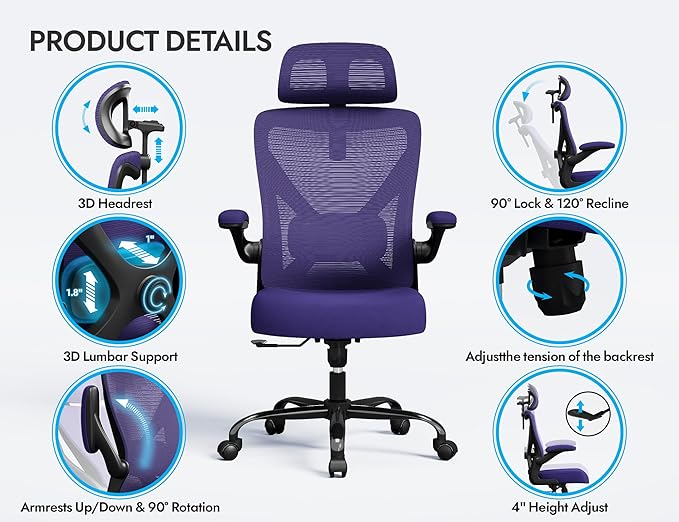 Office Chair - Ergonomic Office Chair with Back Support, Ergonomic Computer Chair - Home Office Desk Chairs, 330lbs Wide Seat Big and Tall Office Chairs with Headrest, Comfy Desk Chairs (Purple)