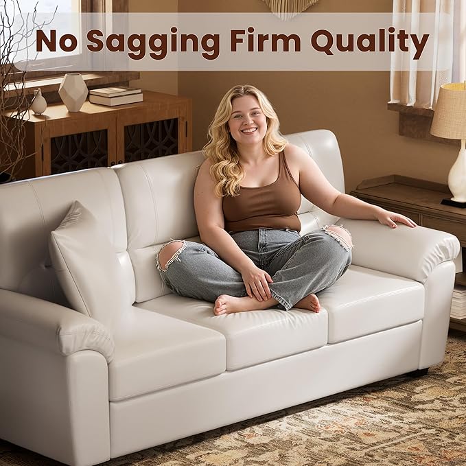 Morden Fort Faux Leather Sofa Couch, Modern Luxury Furniture with Removable and Easy to Clean Cushions, Skin-Friendly Wide Arm Comfy 3 Seater Couch for Living Room Apartment Office Lounge, White