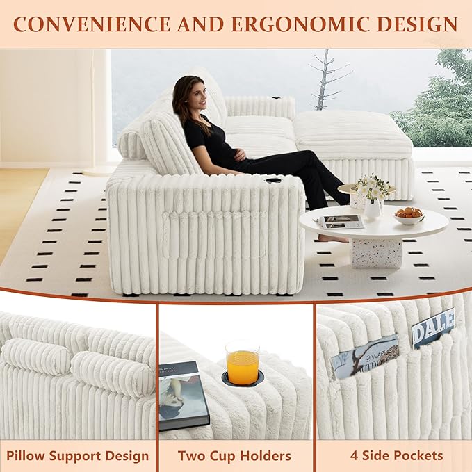 114" Cloud Boneless Sectional Couches for Living Room, Modular Sectional Sofa with Cup Holder, Cozy Fluffy L Shaped Deep Seat Boneless Couch with Storage Pocket, No Assembly Required, White