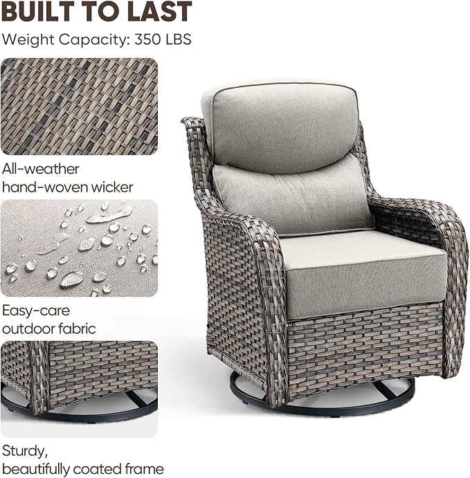Swivel Patio Chairs Set of 3 with 6" Thick Cushion - Wicker Outdoor Swivel Rocker Patio Chairs with Side Table, High Back Comfortable Outdoor Glider Chair - Grey Wicker | Beige Cushions