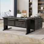 Tribesigns 63 Inch Executive Desk with File Cabinet, L Shaped Office Desk with Drawers and Storage Shelves, Business Furniture Set Workstation for Home Office, Gray and Black