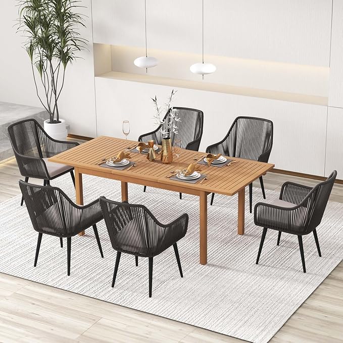 JOIVI Outdoor Dining Set for 6, 7 Pieces Patio Dining Table and Chairs Set, Rattan Rope Patio Outdoor Furniture Set with Wood Extendable Dining Table for Deck, Backyard, Indoor Dining Room, Black